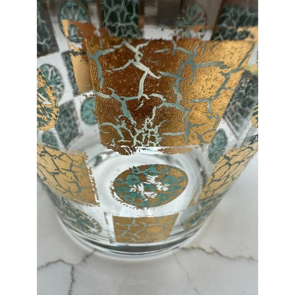 Vintage Culver Carnival Ice Bucket Gold Leaf Turquoise Glass Retro Mod 60s MCM